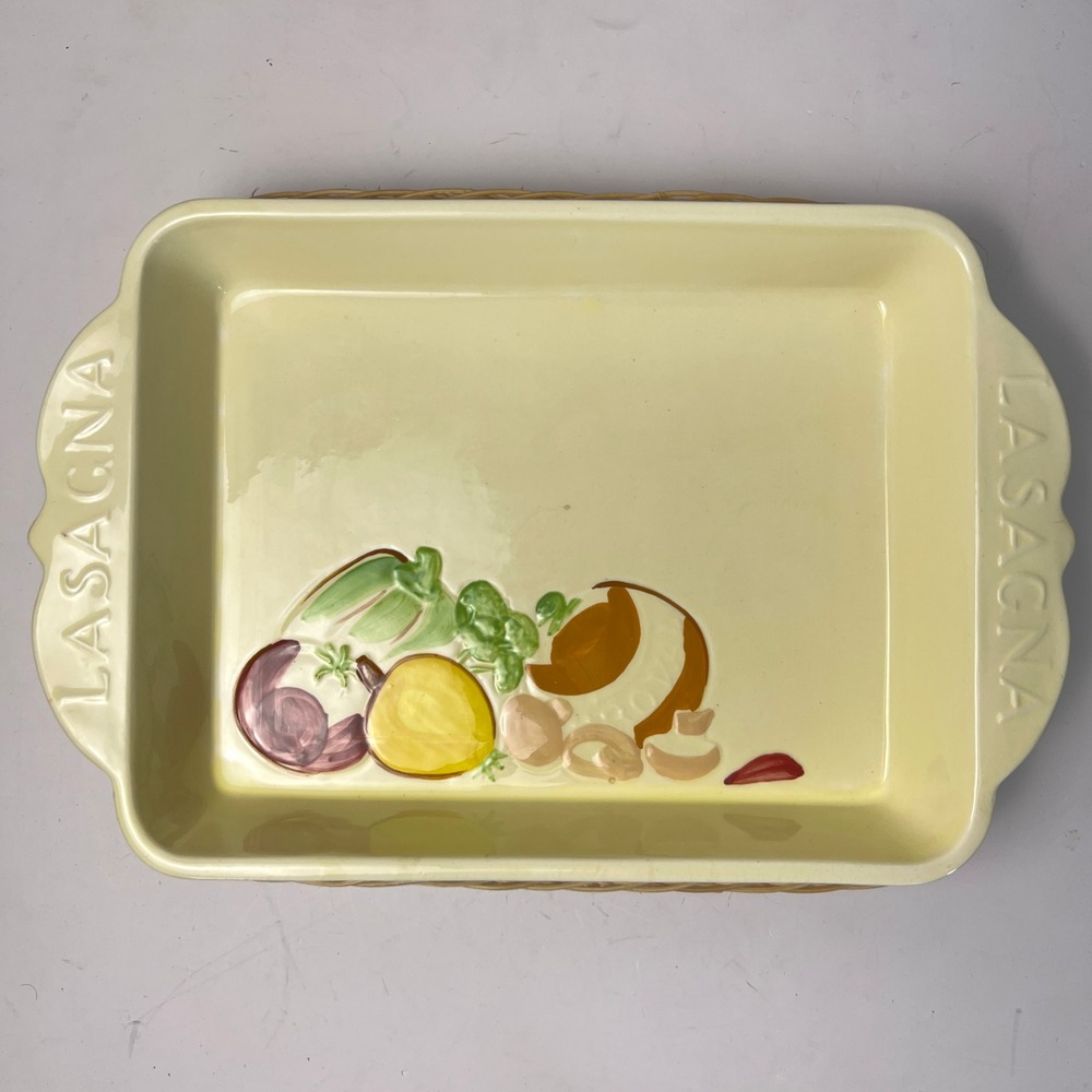 USA Ovenware Lasagna Baker Casserole Dish Cream Yellow Wicker Basket Vintage